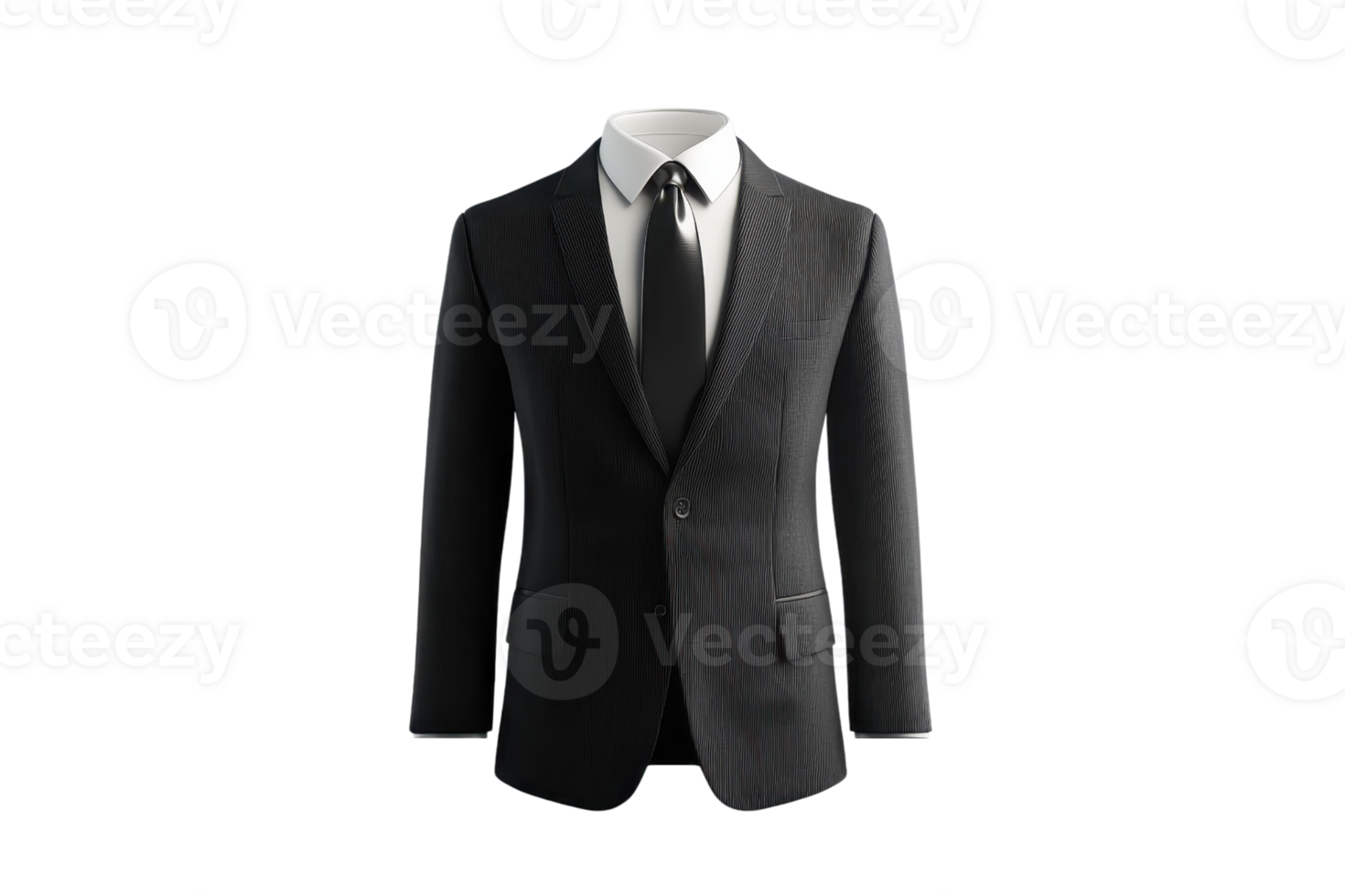 A sleek black suit with a white shirt and black tie, exemplifying classic formal wear for professional and elegant occasions. png