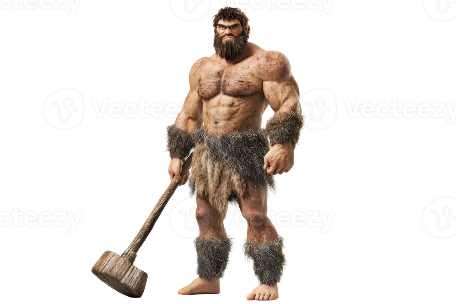 A muscular caveman character stands confidently, wielding a large stone hammer, showcasing a rugged appearance with fur attire. png