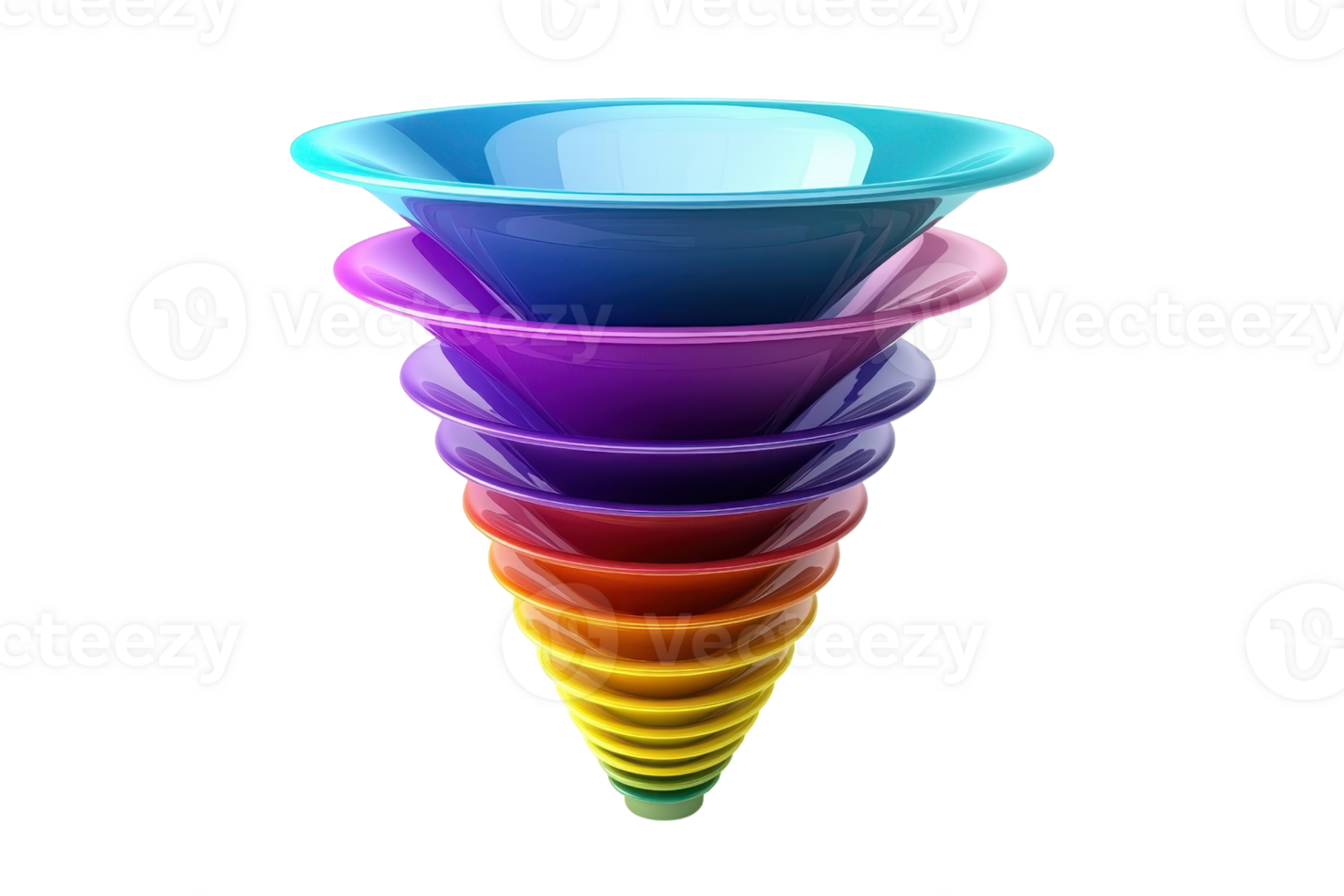A vibrant stack of colorful bowls arranged in a cone shape, showcasing a gradient of hues from blue to yellow. png