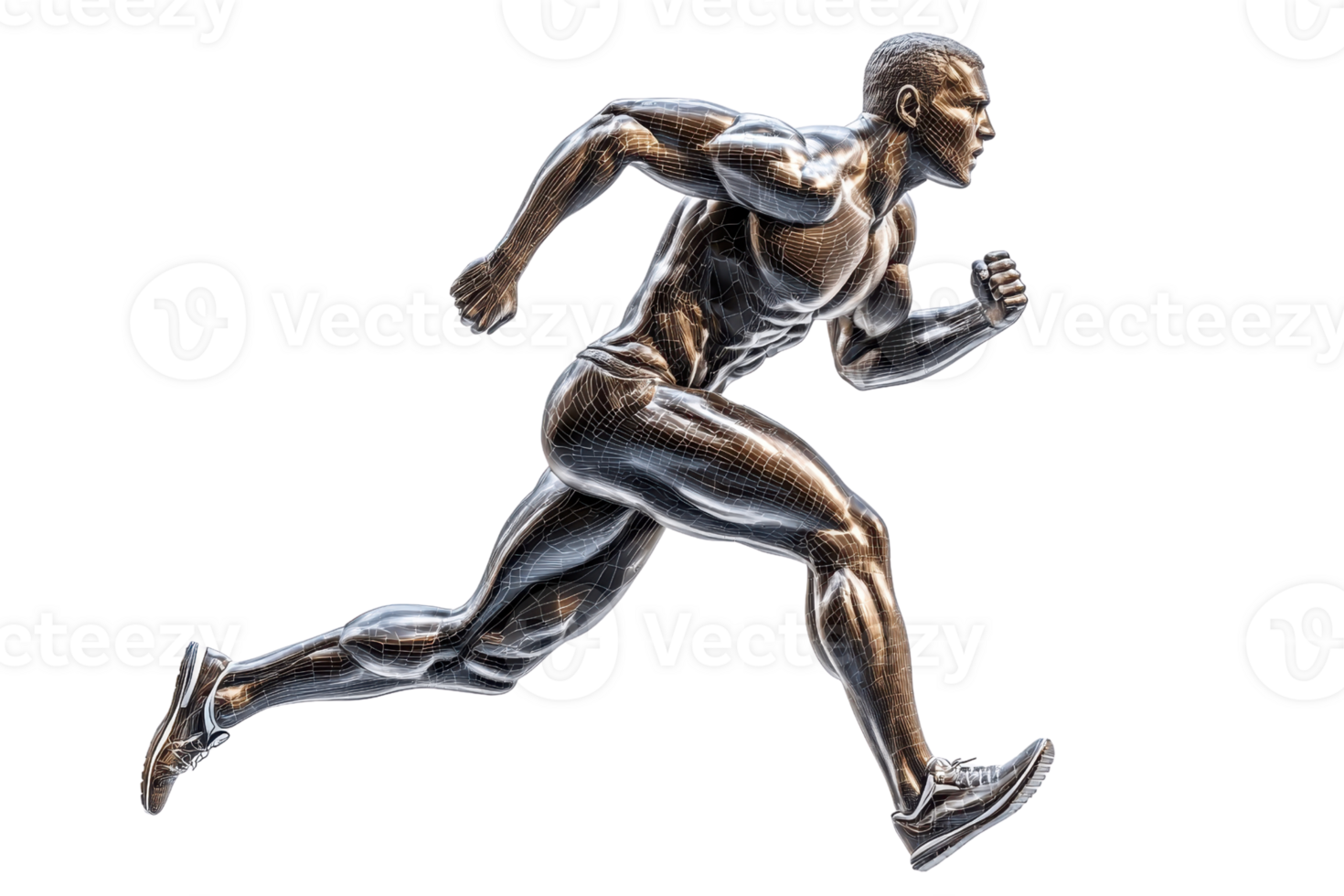 A muscular athlete in mid-stride, showcasing powerful legs and a determined expression while running swiftly. png