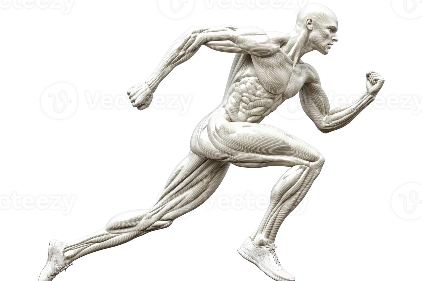 A dynamic sculpture of a muscular human figure in motion, showcasing detailed anatomical features and running posture. png