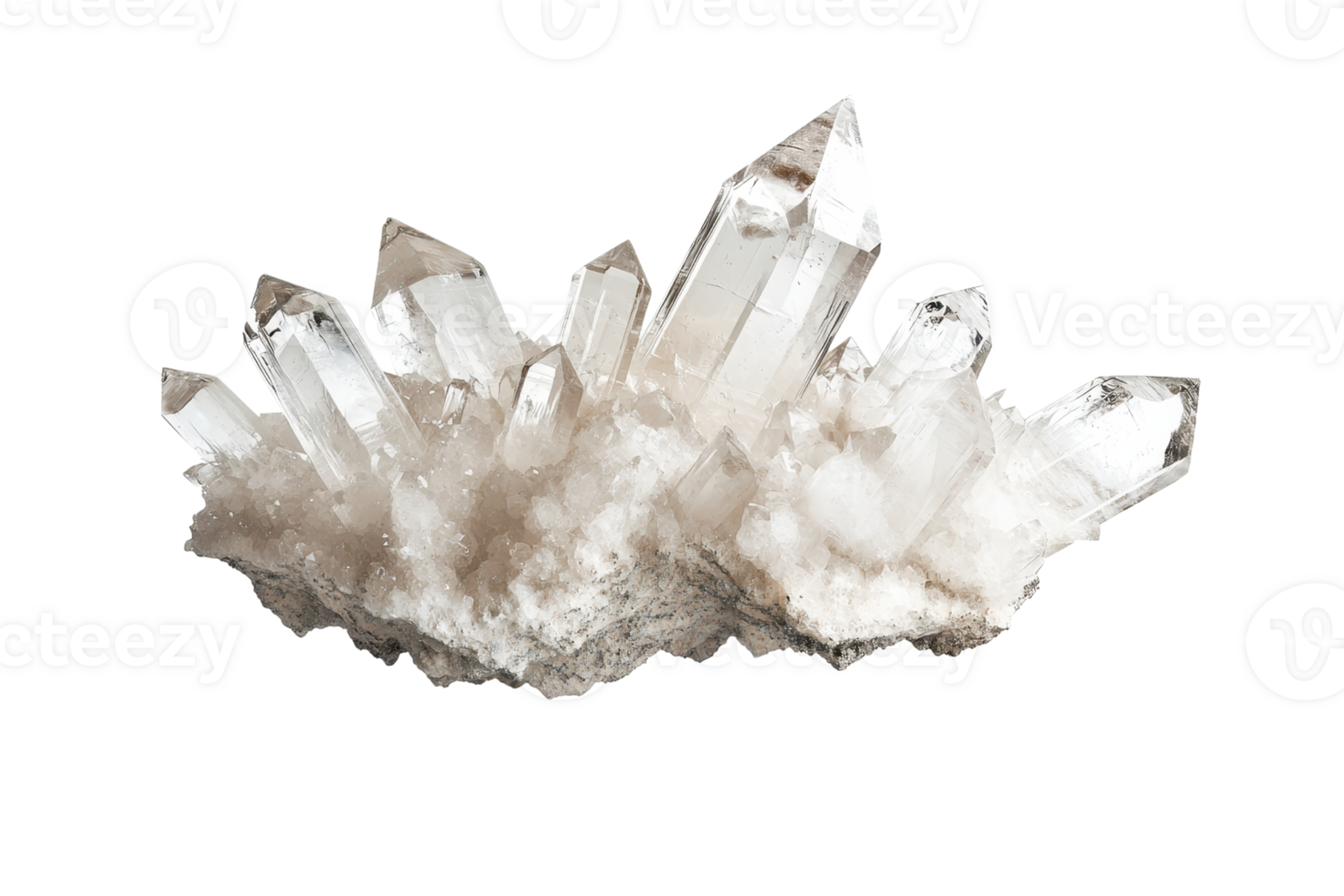 A cluster of striking, pointed quartz crystals with a milky white base, exhibiting natural formations and sharp edges. png