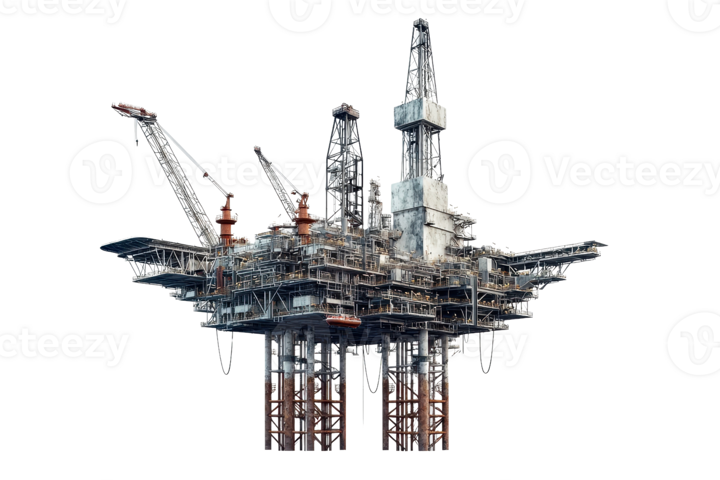 A large offshore oil rig with multiple cranes and platforms, showcasing its intricate structure and industrial design. png