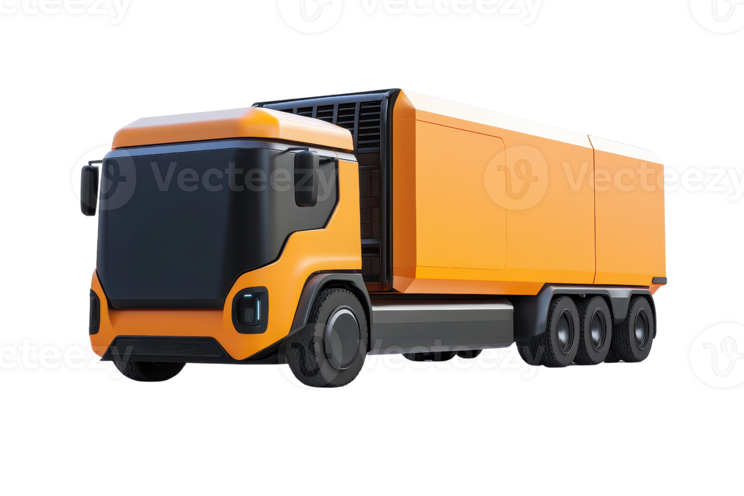 A modern orange delivery truck with a sleek design and multiple wheels, showcasing a streamlined shape for efficient transport. png