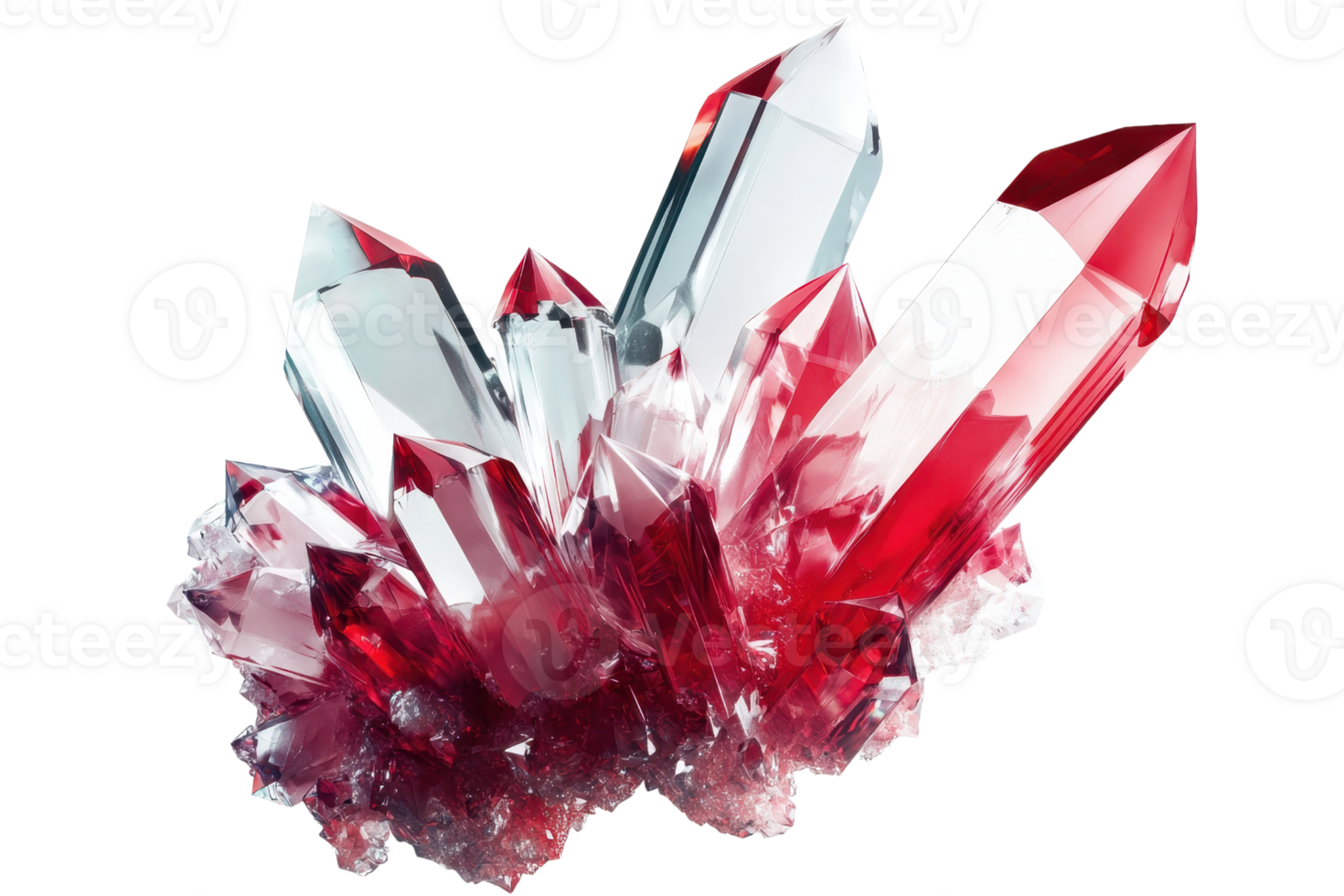 A striking cluster of red and clear crystals, showcasing sharp facets and a vibrant color contrast. png