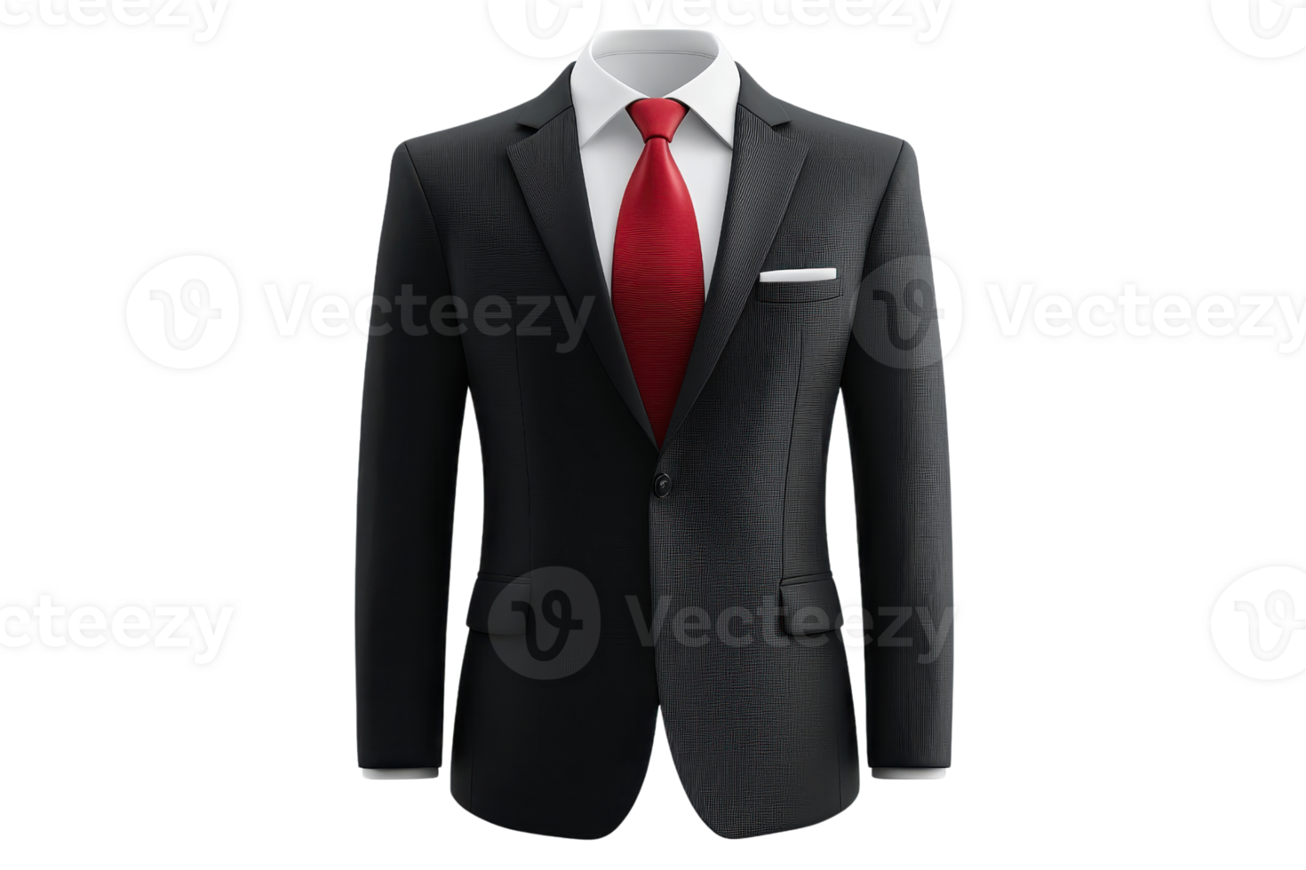 A tailored black suit with a white shirt and a red tie, showcasing a stylish and formal appearance. png