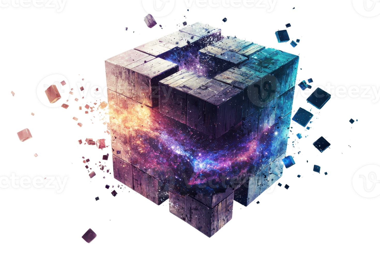 A vibrant, cosmic cube with fragmented edges, surrounded by a colorful galaxy, showcasing a blend of light and texture. png