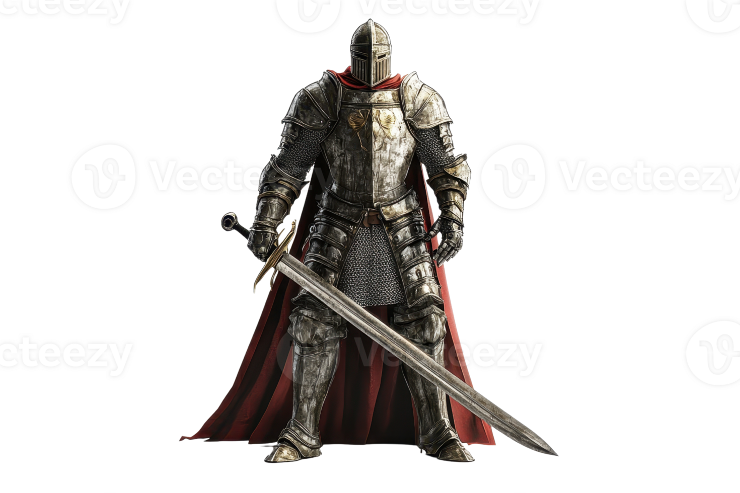 A knight in ornate armor stands proudly, wielding a large sword, exuding strength and valor. png