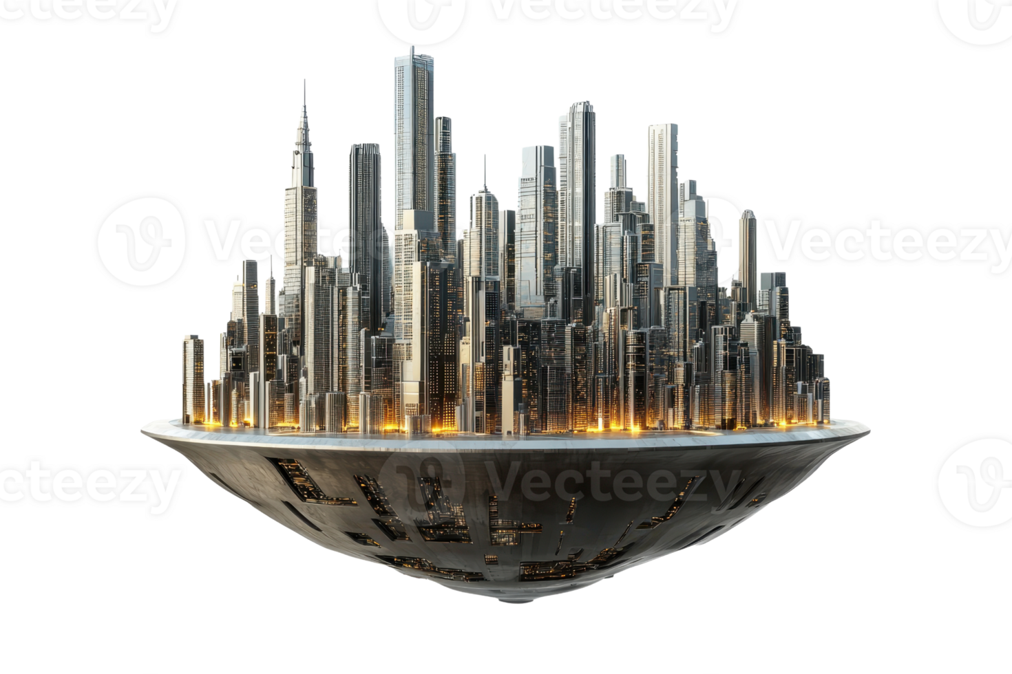 A futuristic cityscape featuring tall skyscrapers, hovering above a sleek, circular base, illuminated with a warm glow. png