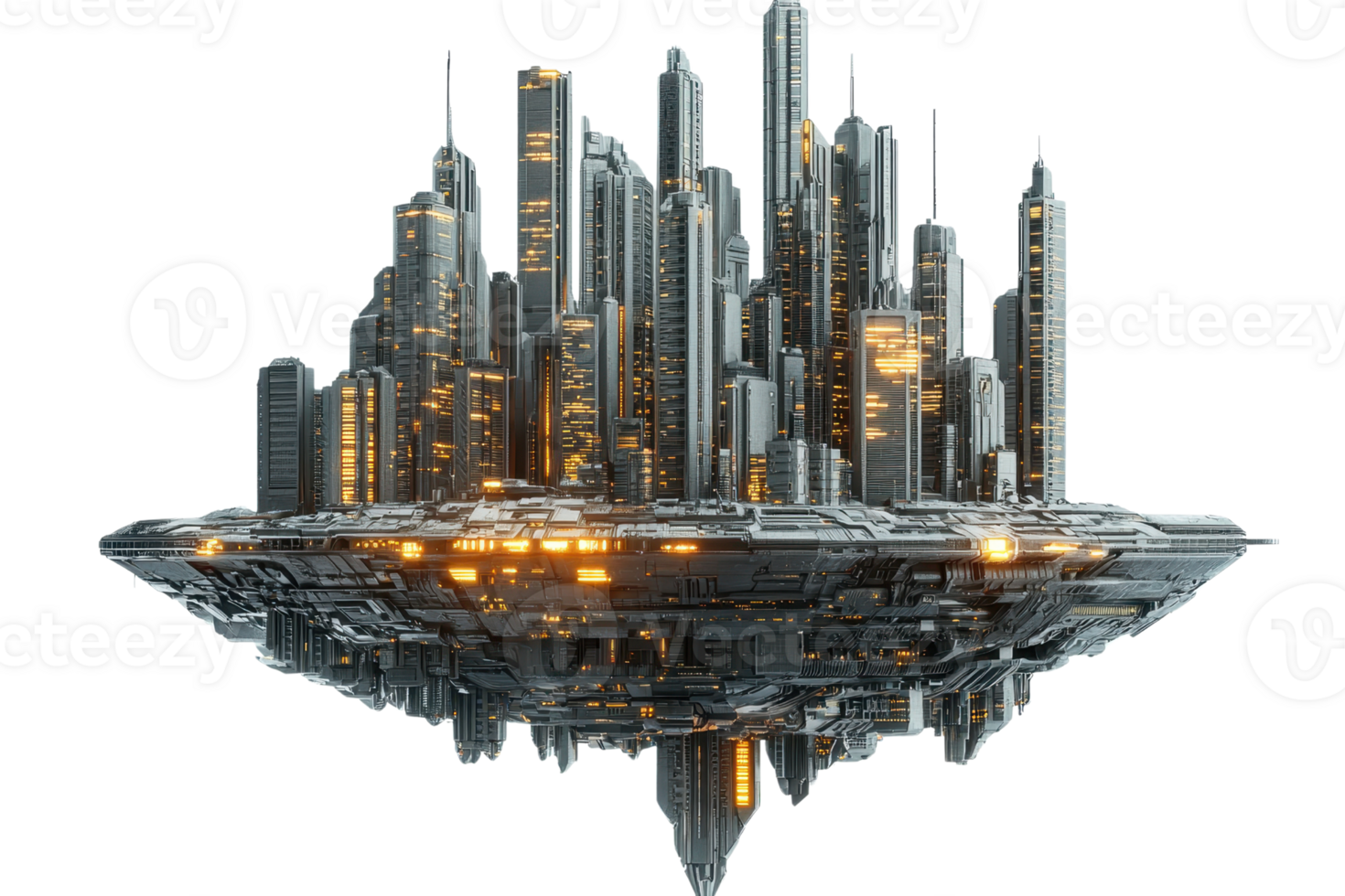 A futuristic floating city featuring skyscrapers, advanced architecture, and glowing lights, suspended above the ground. png