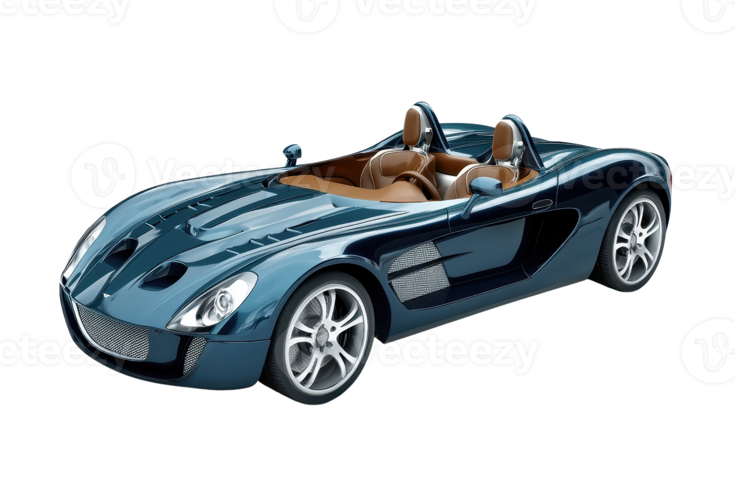A sleek, blue sports car with a modern design and leather interior, showcasing elegant curves and high-performance features. png