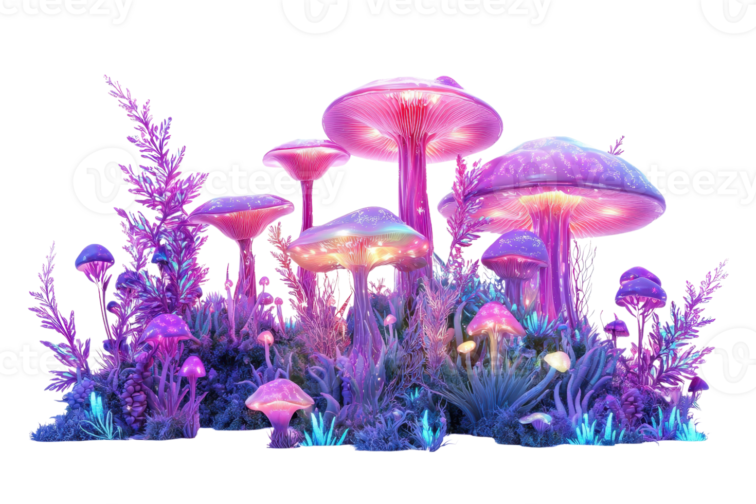 Colorful, luminescent mushrooms create a fantastical scene, with various sizes and vibrant hues illuminating the surroundings. png