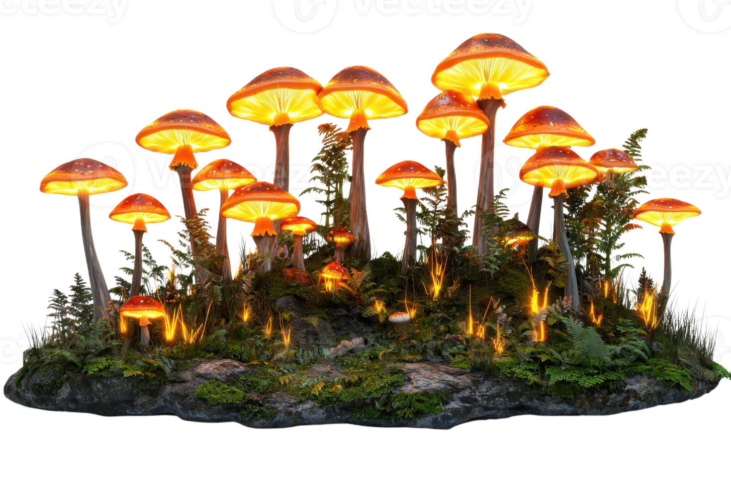 A cluster of glowing mushrooms with orange caps and illuminated stems, creating a mystical, enchanting forest scene. png