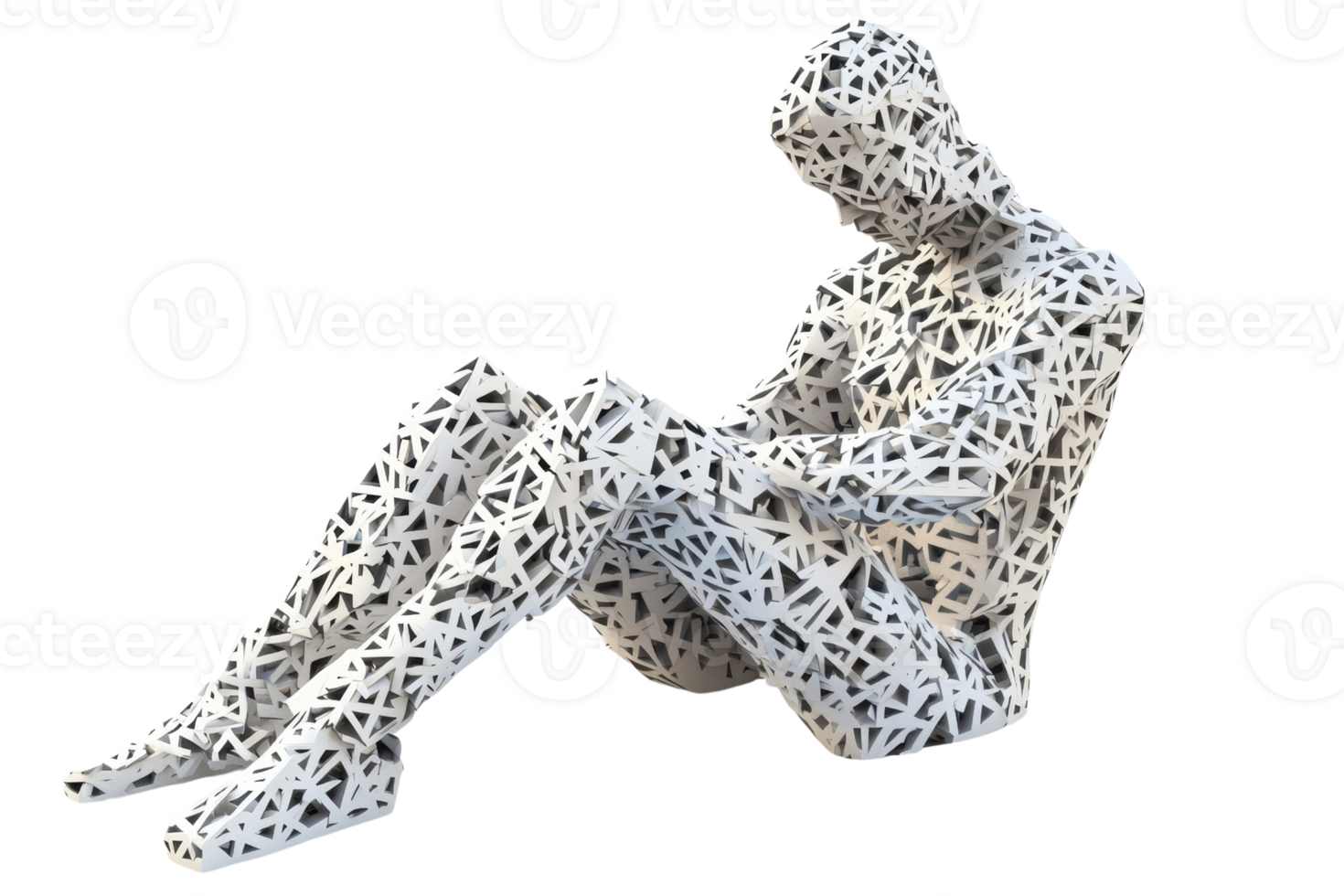 A complex, abstract sculpture of a seated figure, featuring intricate patterns and a stylized, skeletal appearance. png