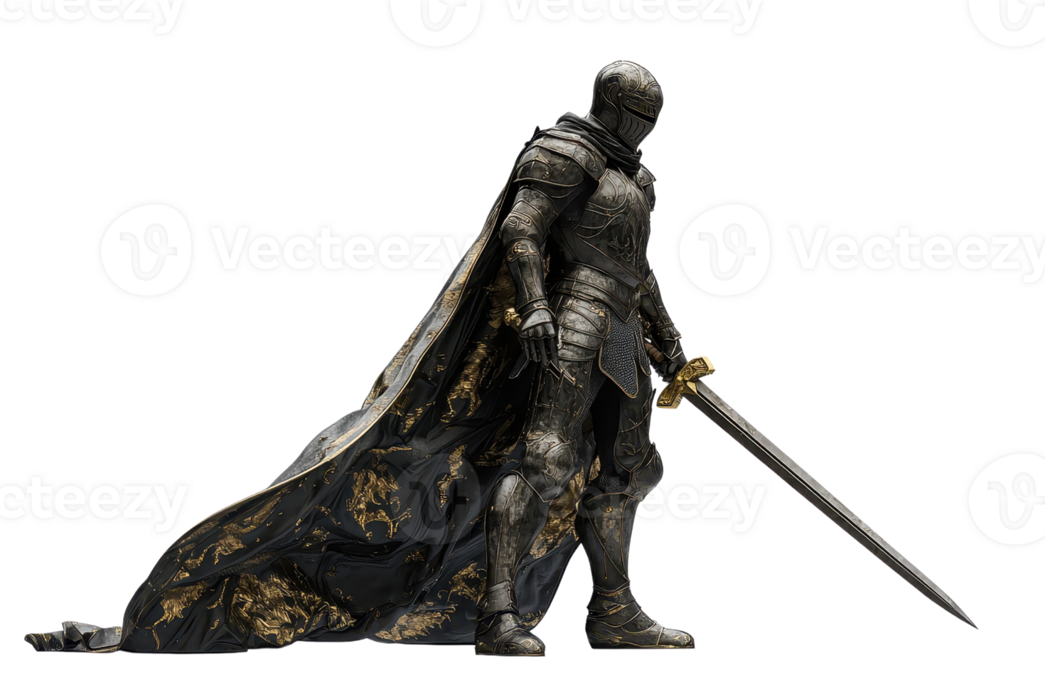 A detailed knight figure in ornate armor, holding a sword, draped in an intricately designed cloak, exuding a sense of strength and valor. png