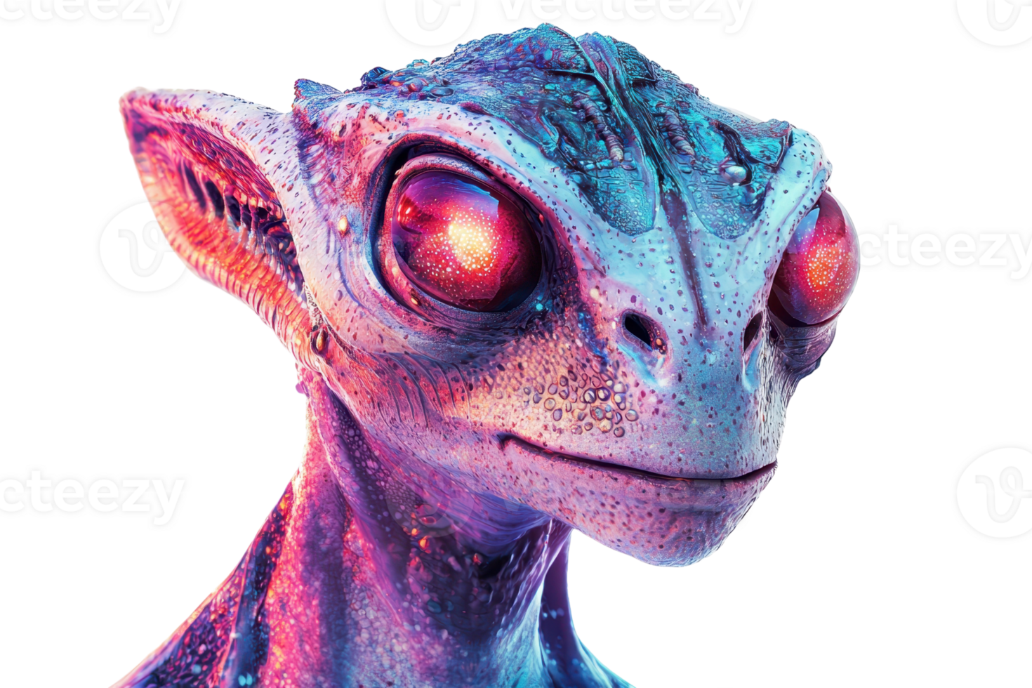 A colorful, alien creature with large, bright eyes and textured skin, showcasing intricate details and a unique design. png