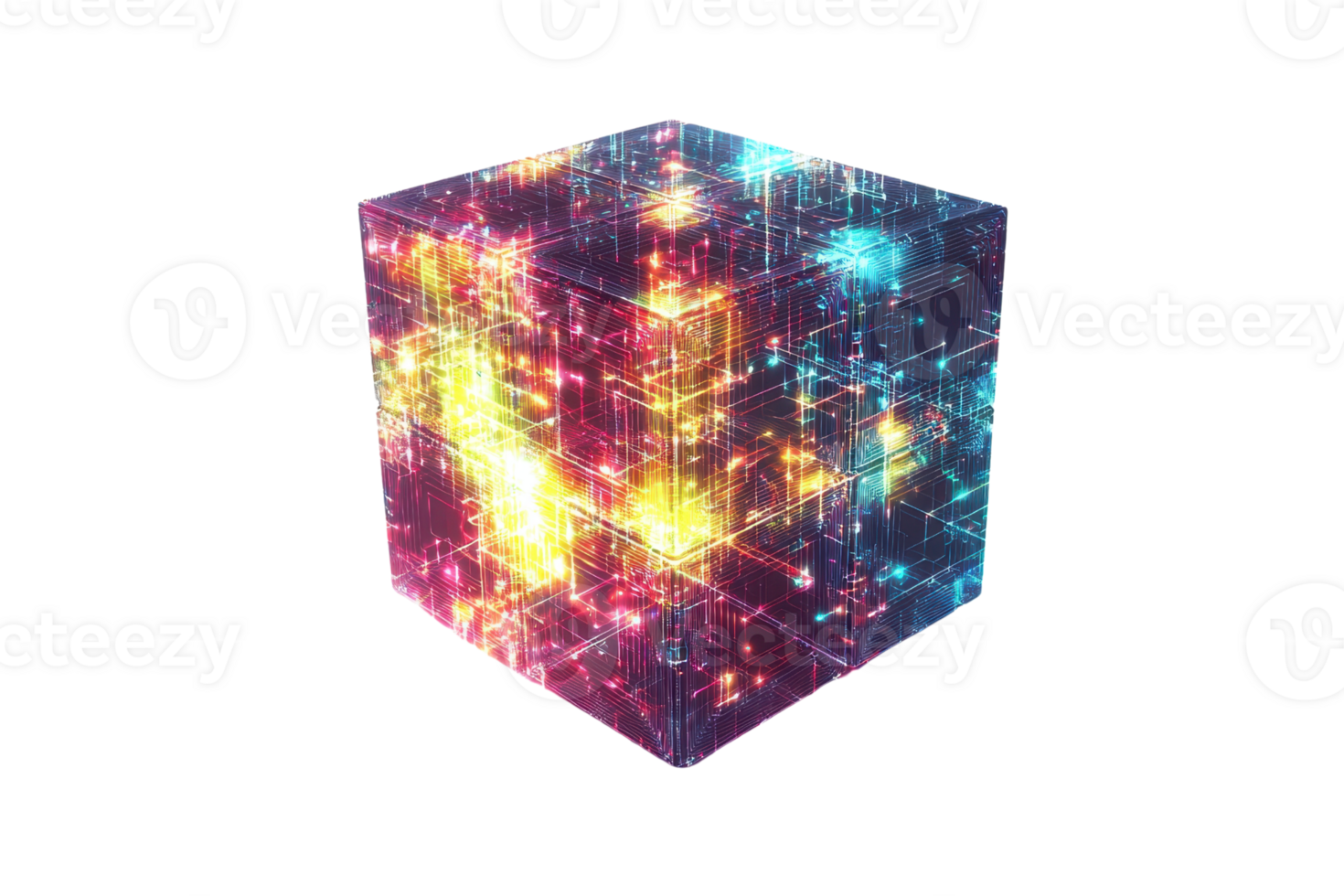 A vibrant, illuminated cube displaying a dazzling array of colors and patterns, creating a sense of depth and energy. png