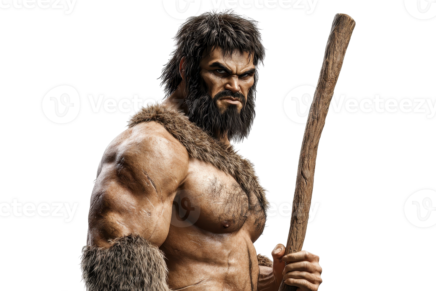 A muscular caveman wielding a wooden stick, showcasing a fierce expression and rugged features. png