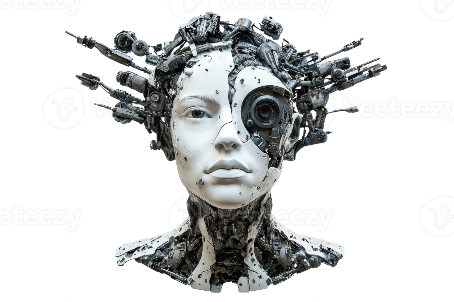 A robotic head sculpture combining human features with mechanical elements, showcasing a blend of technology and artistry. png