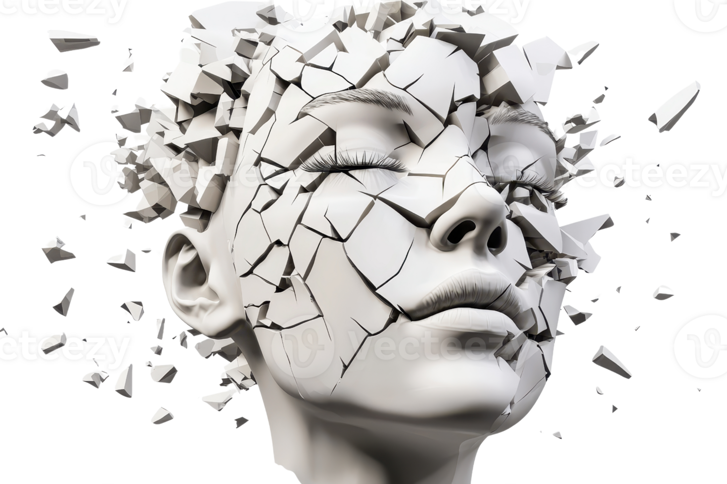 A sculptural representation of a face shattering, with cracks and fragments depicting a surreal and abstract interpretation of human form. png
