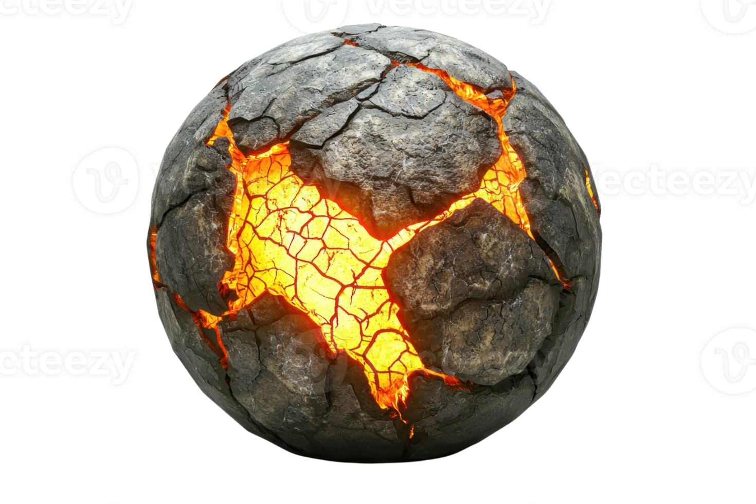 A textured, cracked sphere illuminated by glowing magma, showcasing a dynamic interplay of rock and fire. png