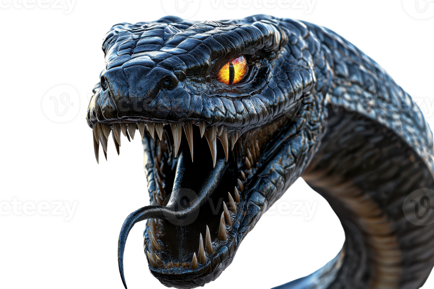 A detailed depiction of a fierce snake with sharp fangs and striking yellow eyes, showcasing its menacing presence. png