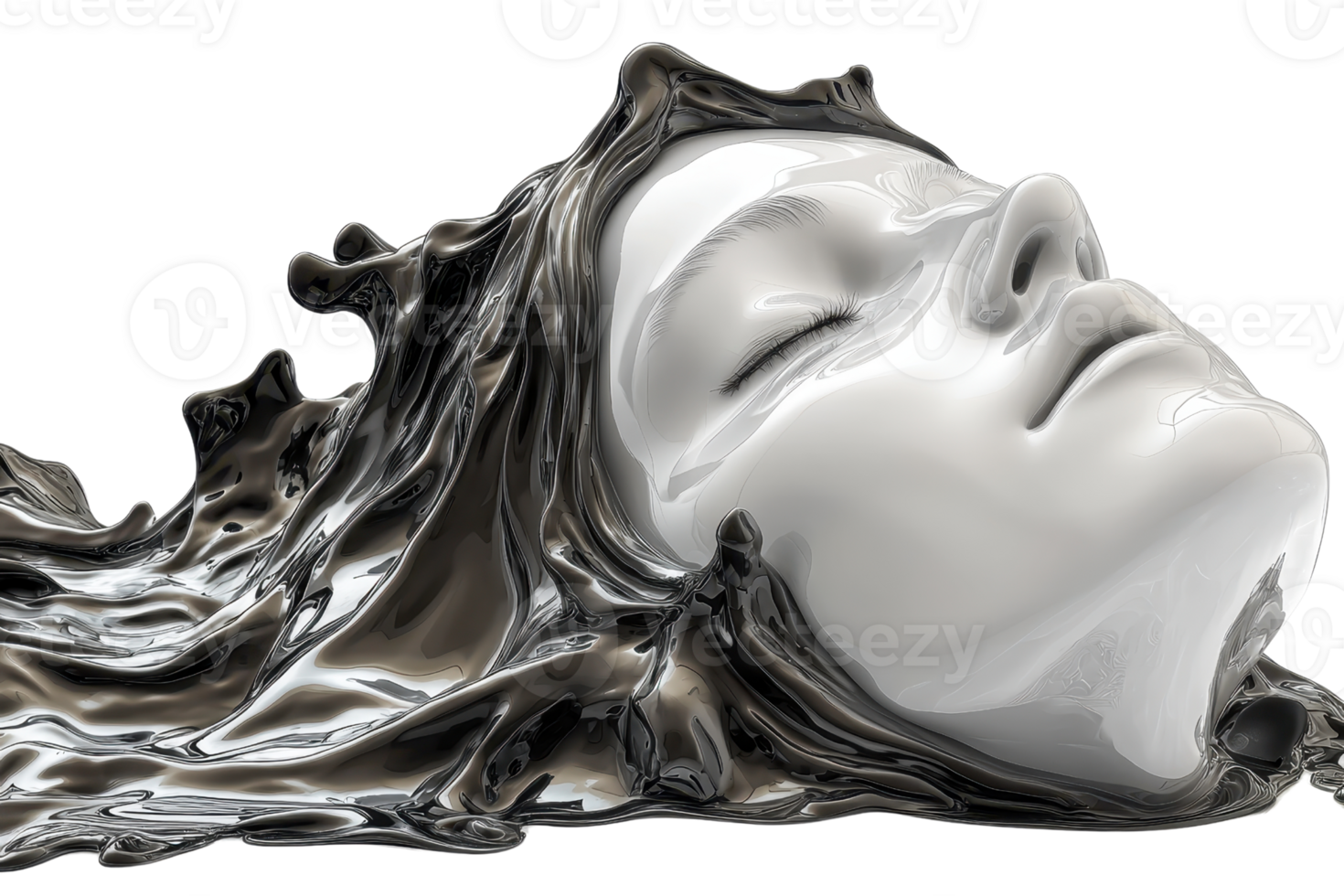 A serene, stylized face with flowing hair appears to merge with a liquid-like texture, evoking a sense of tranquility and artistic elegance. png