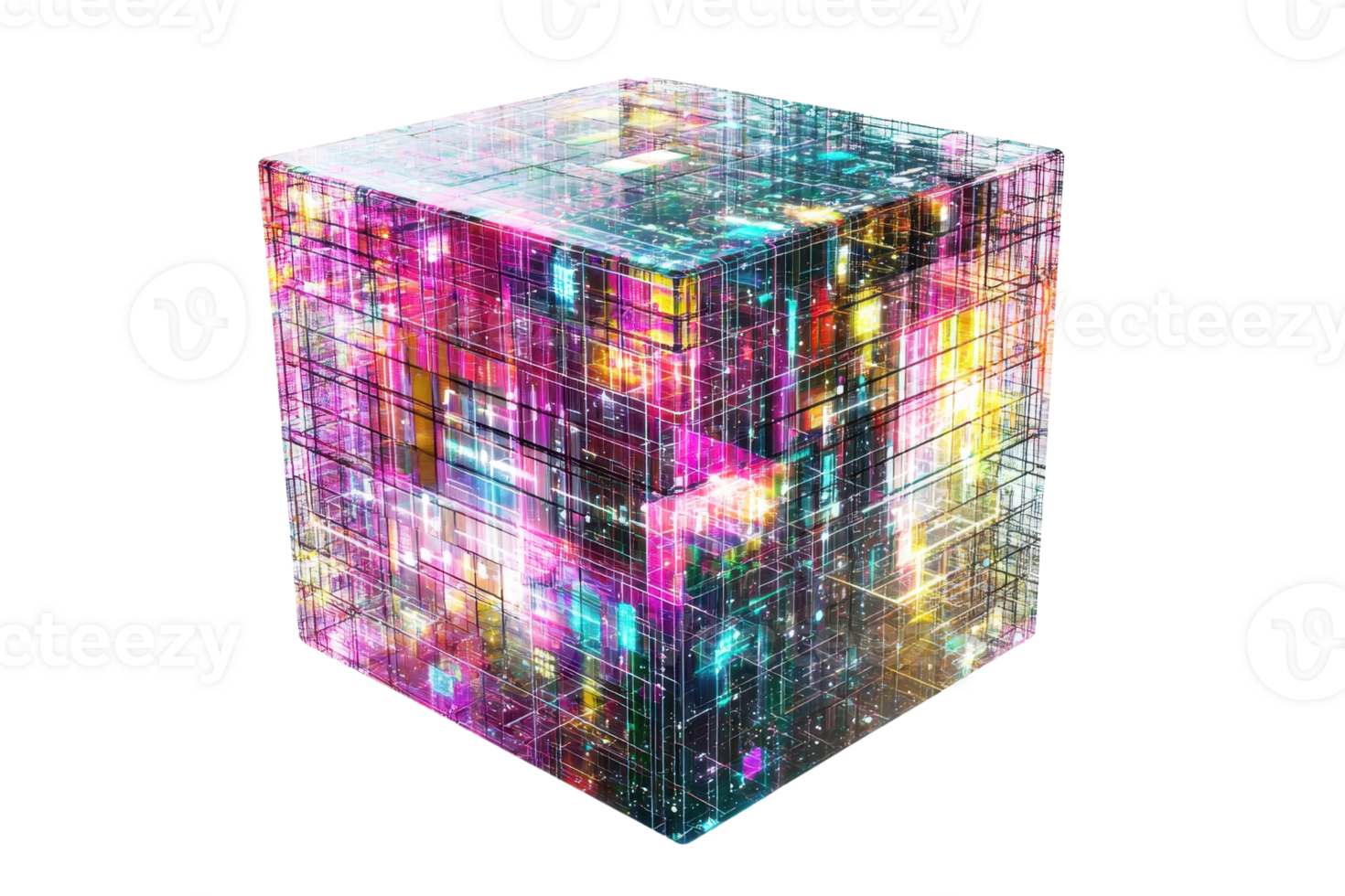 A vibrant, illuminated cube with intricate patterns and colors, showcasing a blend of digital aesthetics. png