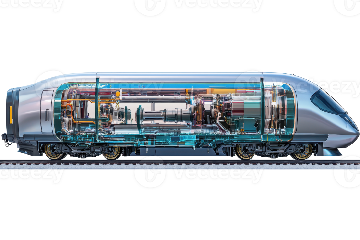 A sleek, modern train design showcasing its internal components and engineering features. png