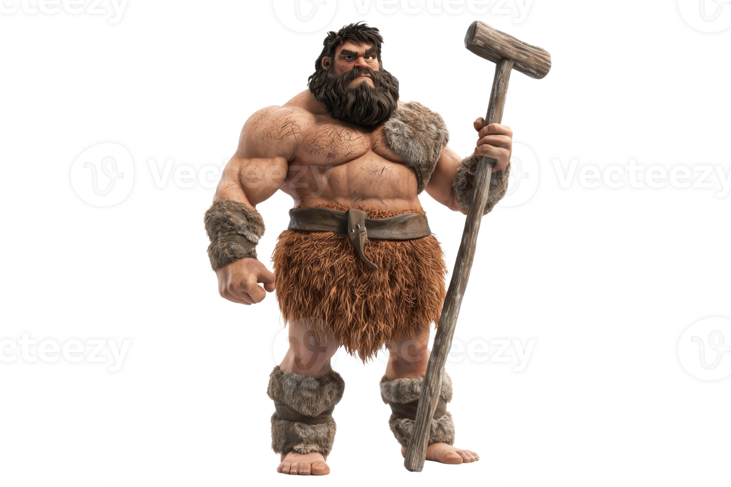 A muscular, bearded figure holds a large hammer, wearing fur clothing and displaying a powerful presence. png