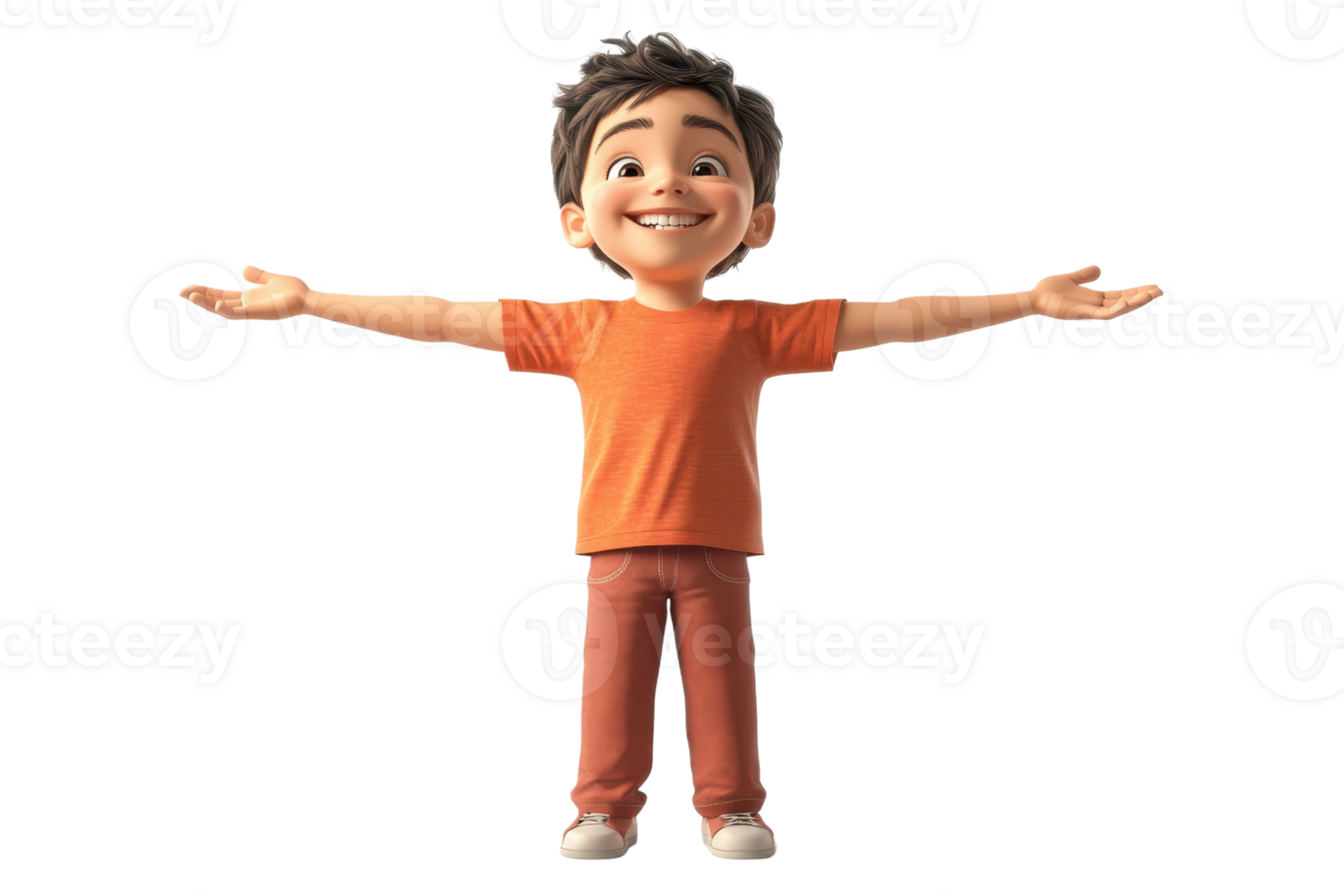 A cheerful animated character with outstretched arms, wearing an orange shirt and pants, expressing joy and positivity. png