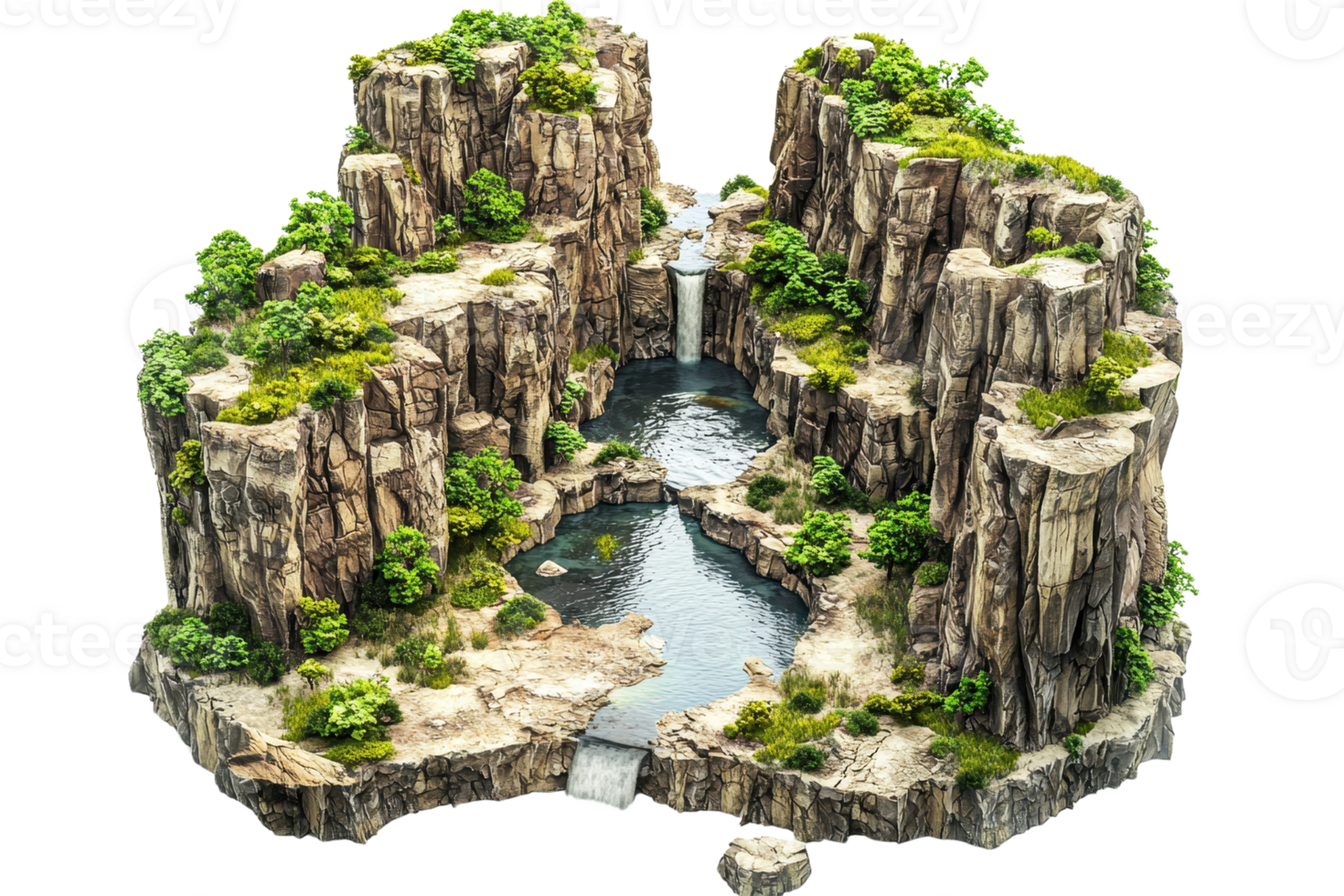 A miniature landscape featuring rugged cliffs, flowing water, and lush greenery, creating a serene natural scene. png