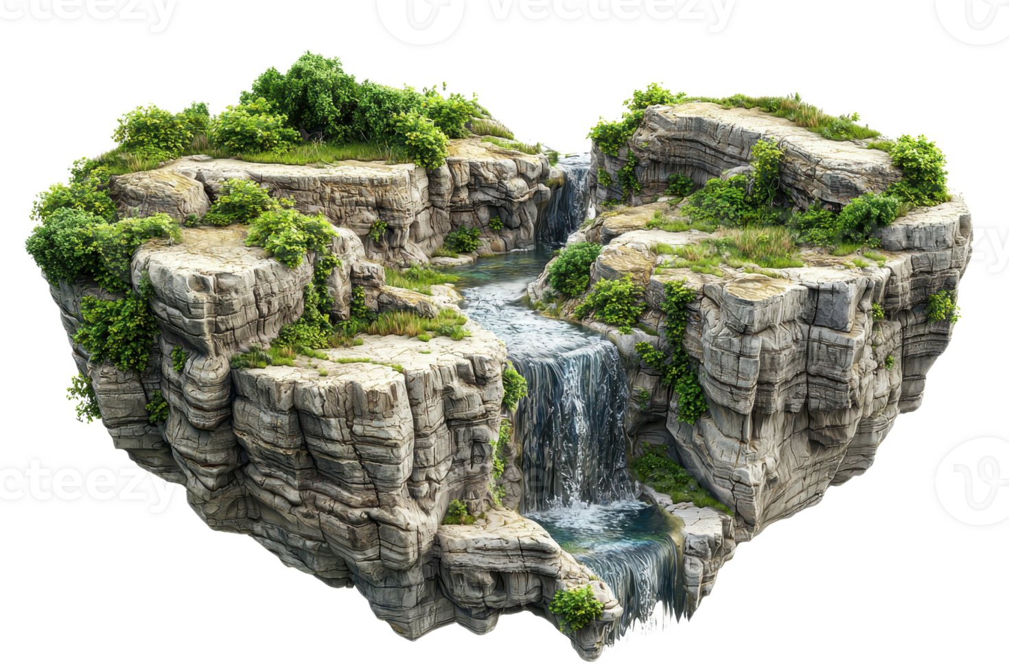 A heart-shaped rocky formation features a cascading waterfall surrounded by lush greenery. png