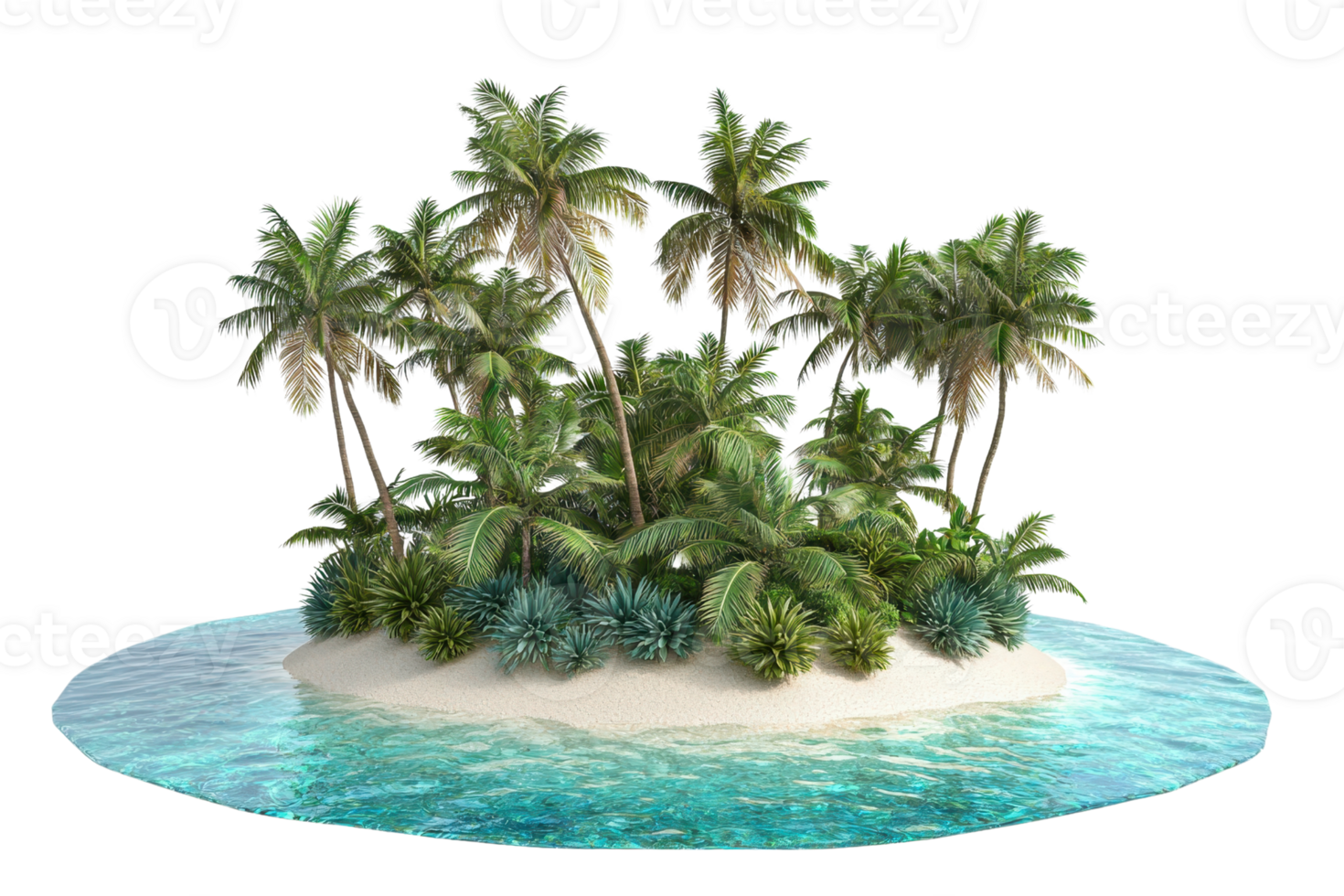 A lush, tropical island featuring dense greenery, palm trees, and surrounding turquoise waters. png