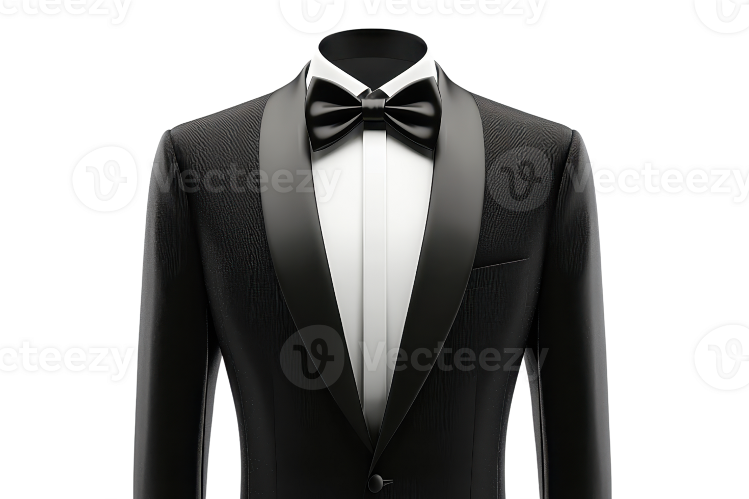 Elegant black tuxedo with a bow tie, showcasing a classic and sophisticated style for formal occasions. png