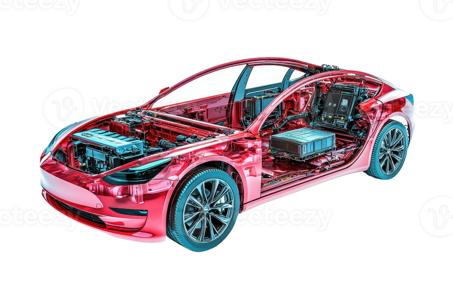 A detailed cross-section of a modern electric car showcasing its internal components and structure. png