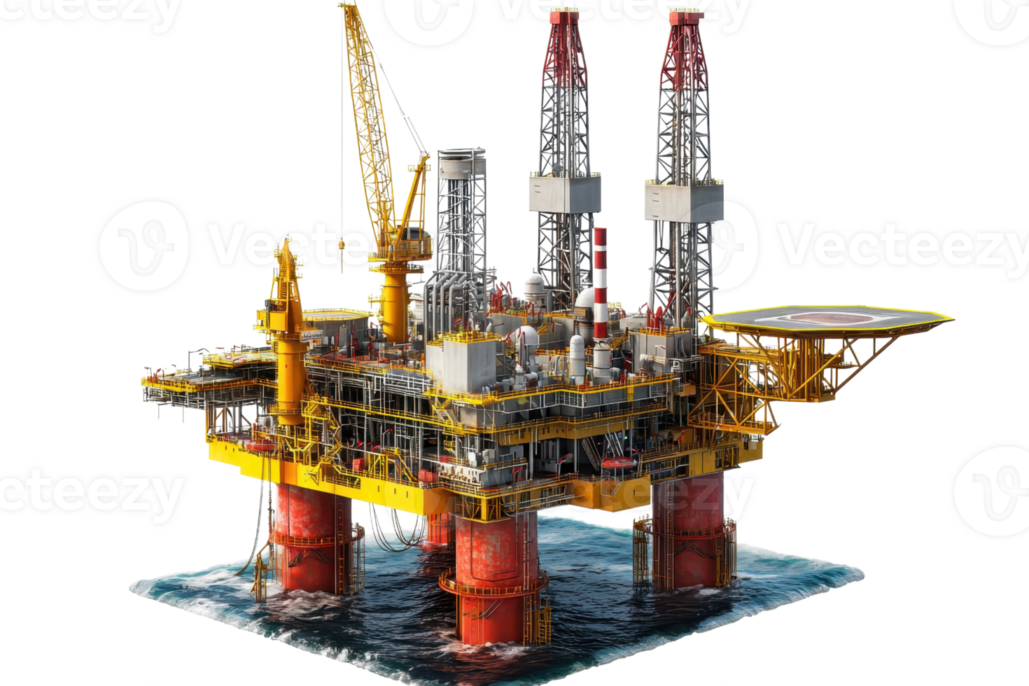 A detailed oil rig structure featuring large drill towers, a platform, and various machinery, prominently designed for offshore drilling activities. png
