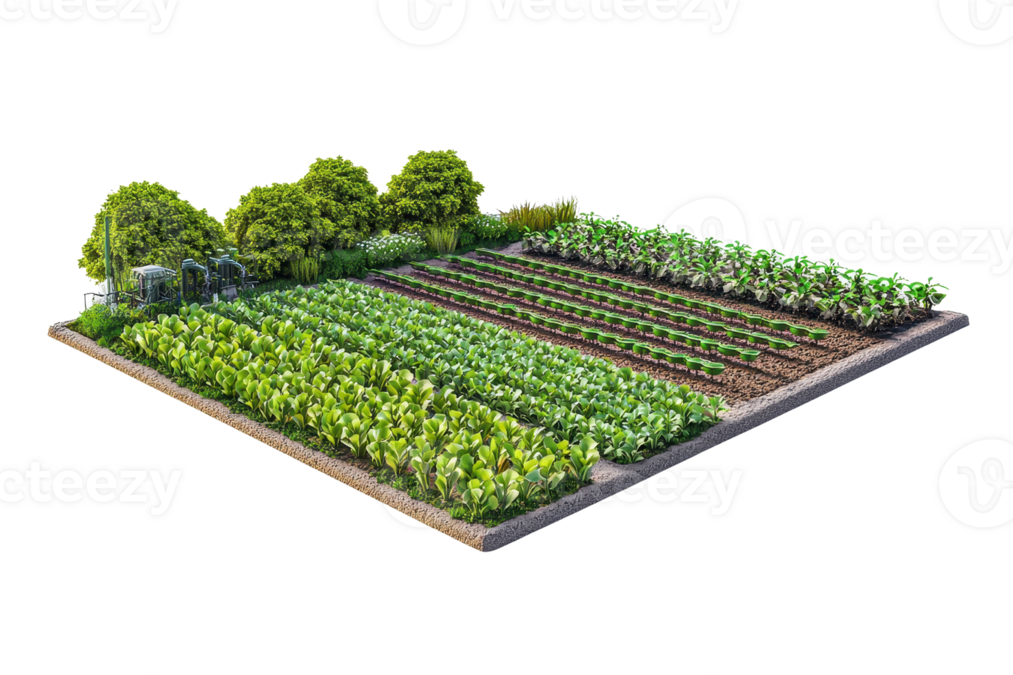 A lush vegetable garden featuring neatly arranged rows of various crops and greenery, complemented by several trees. png