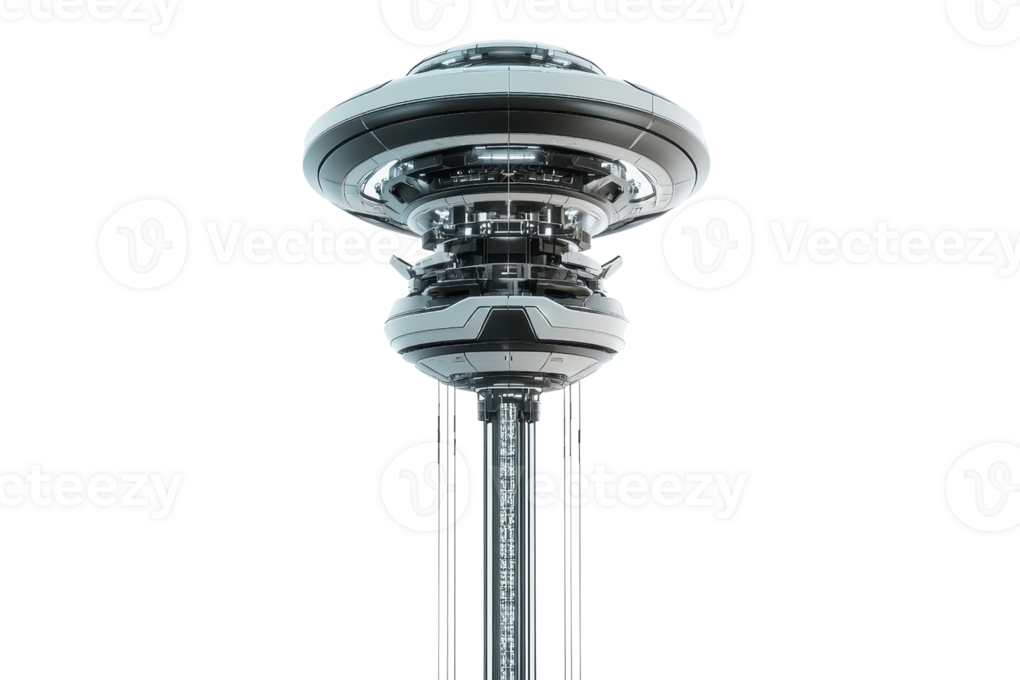 A futuristic hovering device with a sleek, circular design, featuring intricate mechanical details and a vertical support structure. png