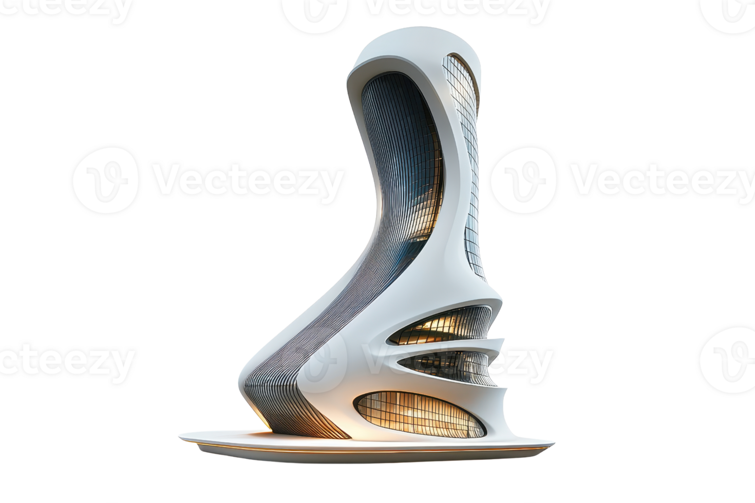 A futuristic architectural structure with fluid shapes and illuminated elements, showcasing innovative design and modern aesthetics. png