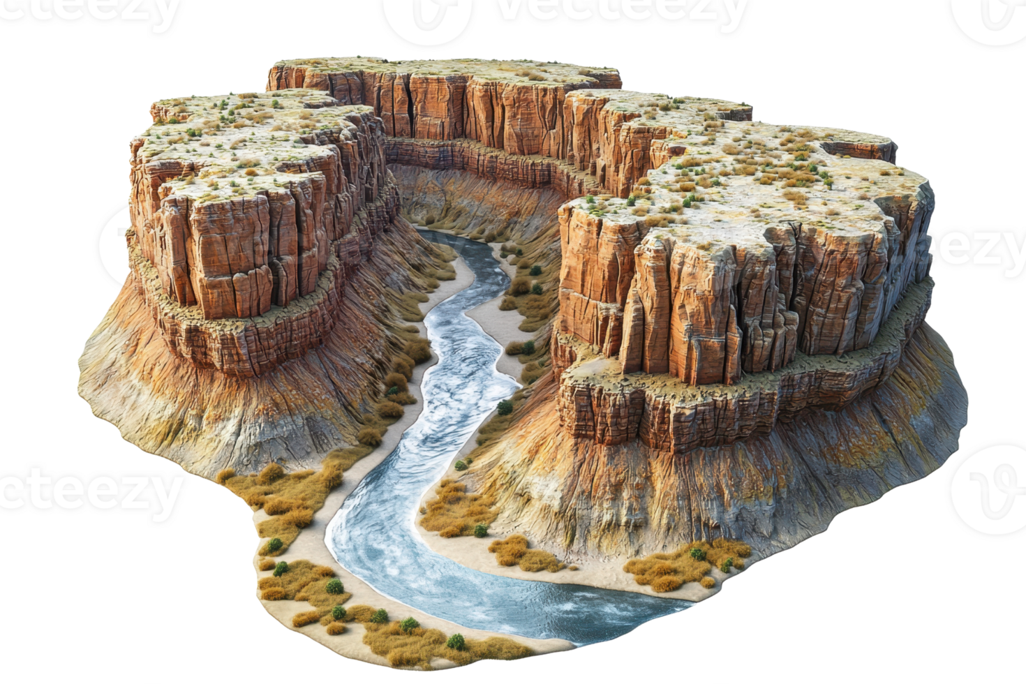 A dramatic canyon formation with steep cliffs surrounds a winding river, showcasing rugged terrain and natural beauty. png