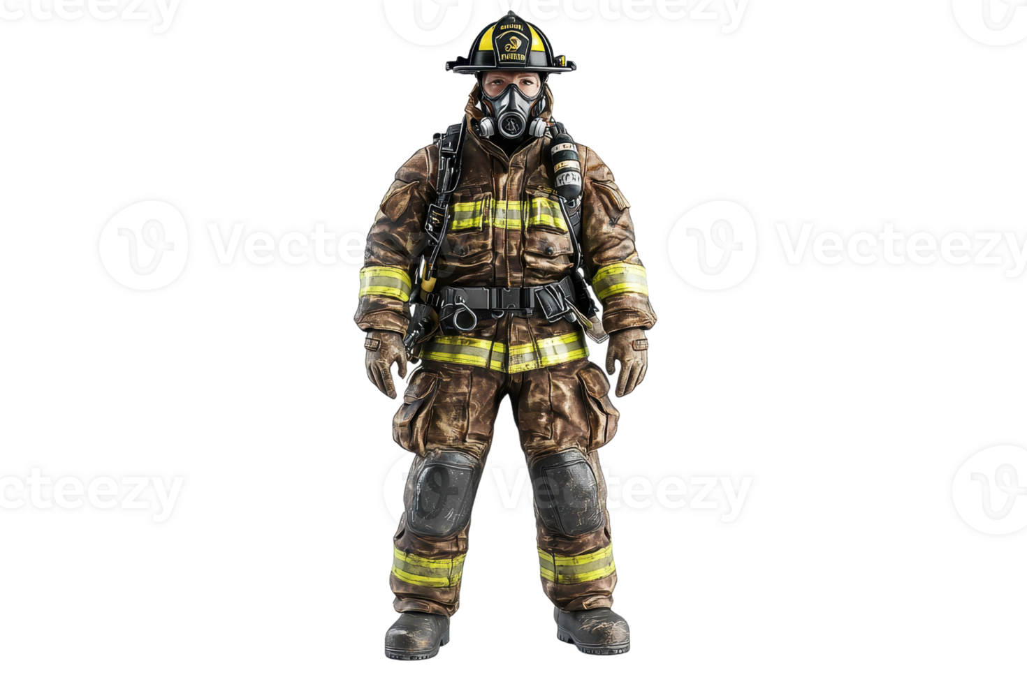 A firefighter in full gear, equipped with a helmet and breathing mask, ready for action. png