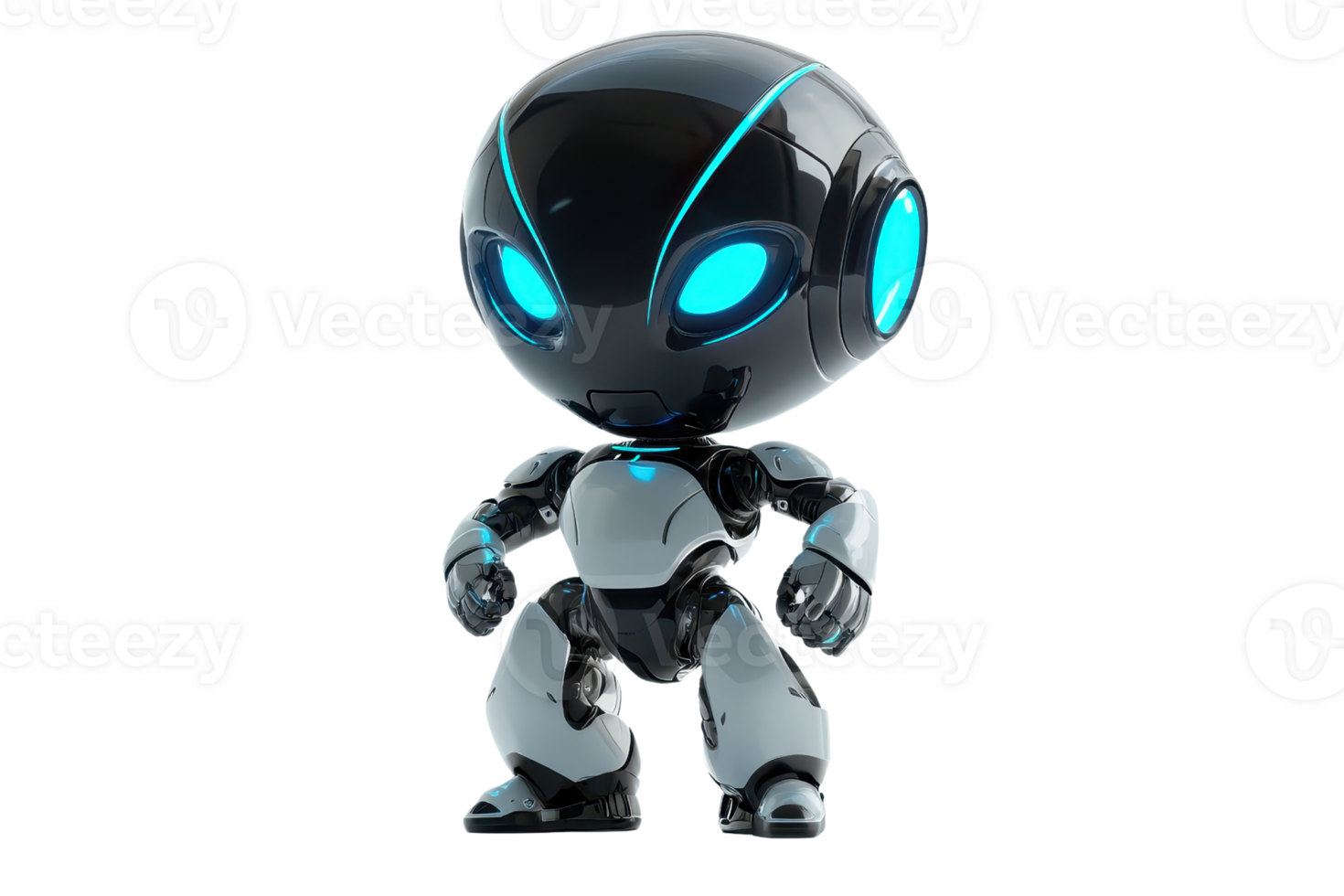 A futuristic robotic character with a sleek design, glowing blue accents, and a compact, rounded head. png