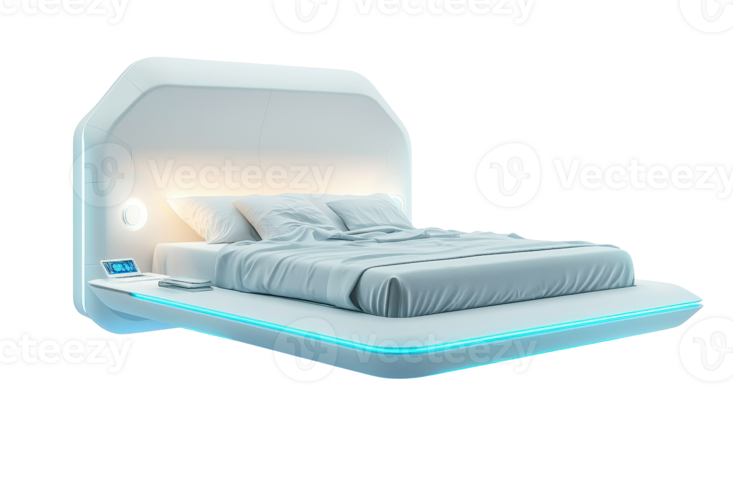 A futuristic bed design featuring sleek lines, soft bedding, and integrated lighting elements. png