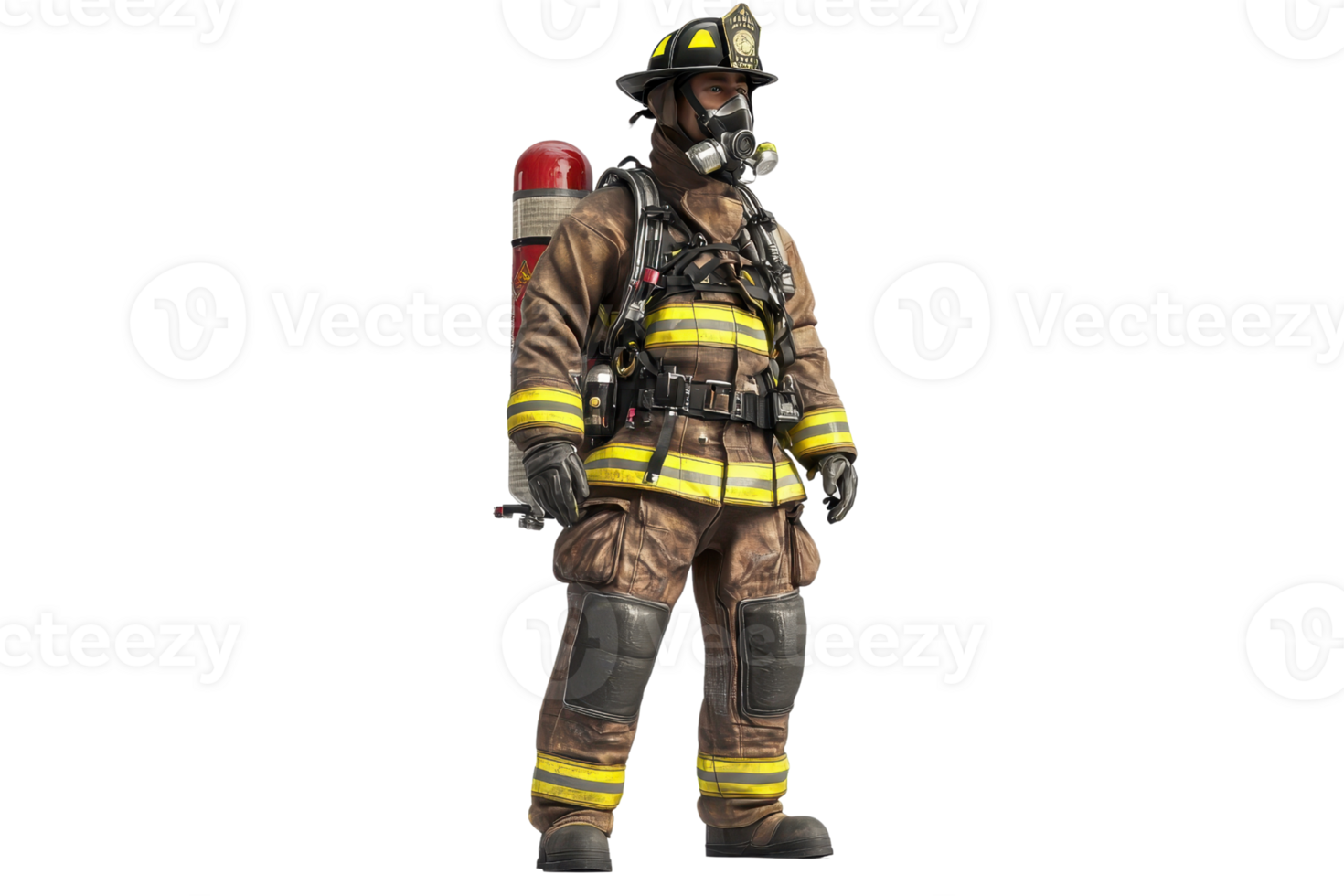 A firefighter in full gear, equipped with a helmet, oxygen tank, and protective clothing, ready for action. png