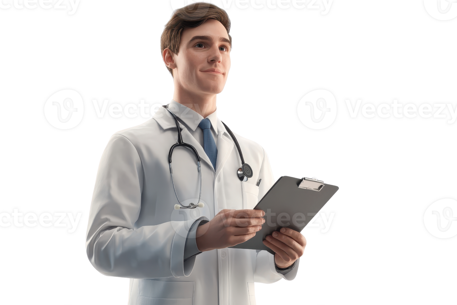 A professional male doctor holds a clipboard, wearing a white coat and stethoscope, conveying a sense of care and expertise. png