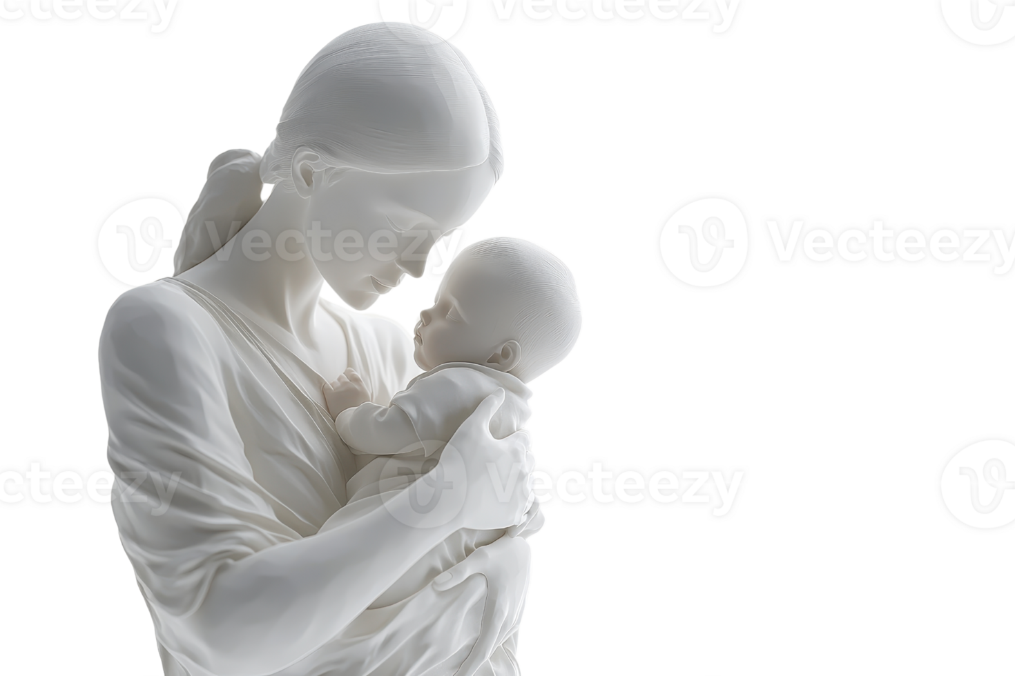 A serene sculpture depicting a mother lovingly holding her baby, showcasing tenderness and the bond between parent and child. png