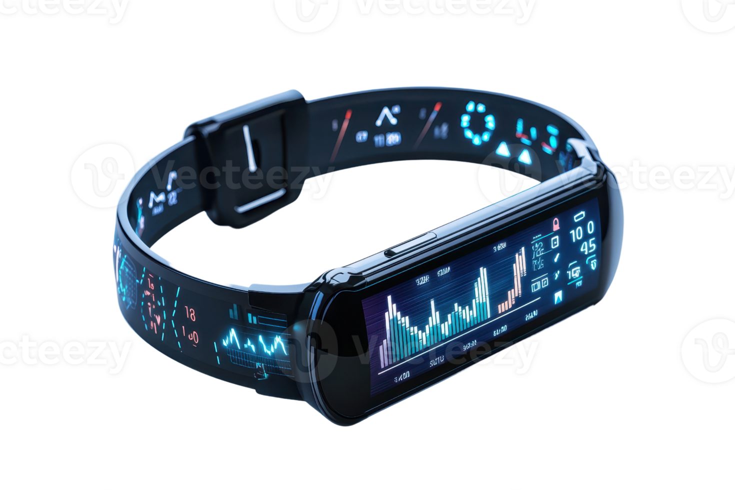 A sleek, futuristic wearable device displaying health metrics and data visualizations on a flexible screen. png