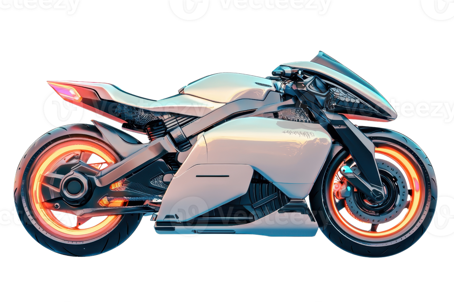 A sleek, futuristic motorcycle with neon accents and a streamlined design, showcasing advanced engineering and modern aesthetics. png