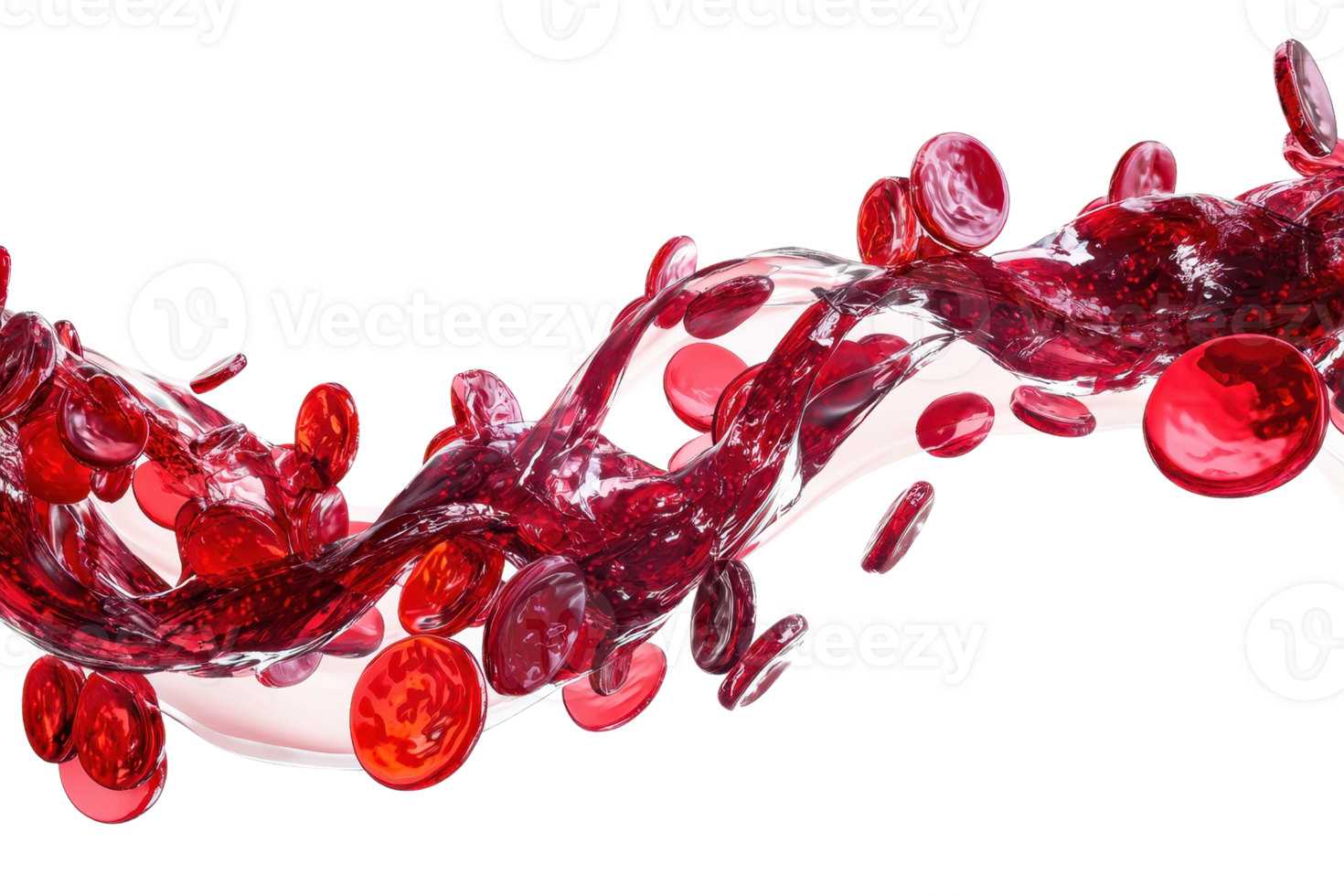 A flowing stream of red liquid with vibrant red cells, creating a dynamic and energetic visual effect. png